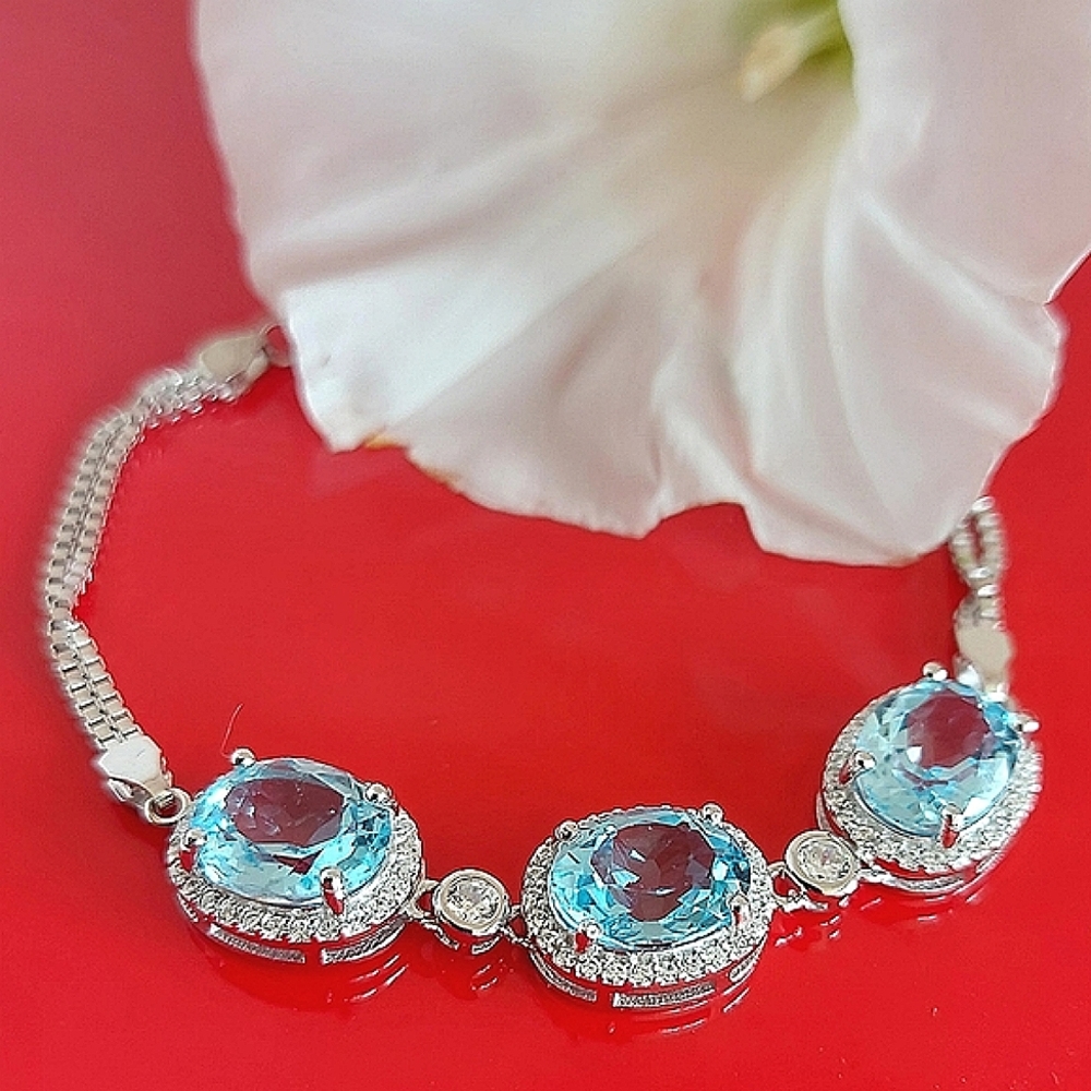 Heated Natural Topaz 10x8mm & Cz 925 Sterling Silver Bracelet‎ (Adjustable)